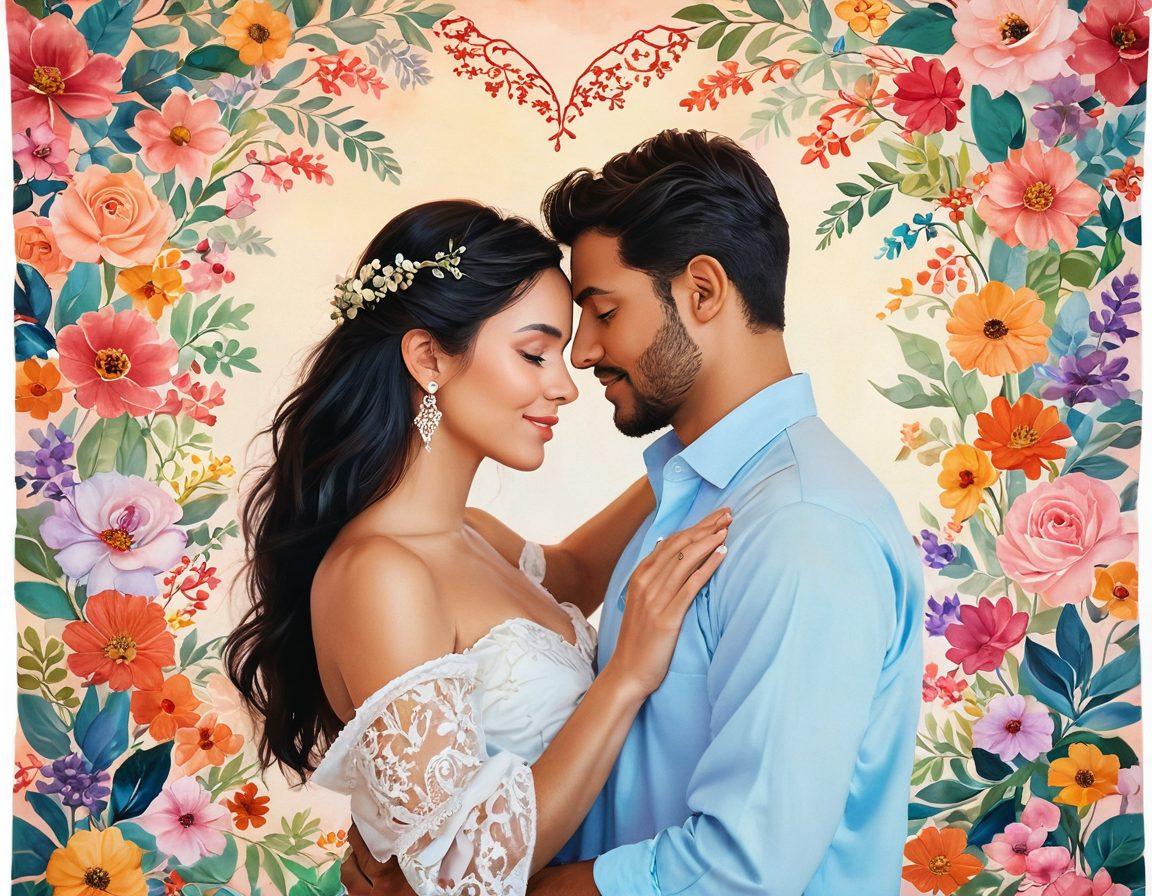 A vibrant tapestry of diverse couples from various cultures sharing intimate moments, surrounded by elements representing their traditions and love stories. Include symbols of romance, such as heart-shaped motifs and flowering vines, with a warm, inviting glow illuminating the scene. Emphasize emotion through the expressions and body language of the couples, creating a sense of connection and passion. Incorporate a dreamy background with soft pastel colors. painting. vibrant colors.