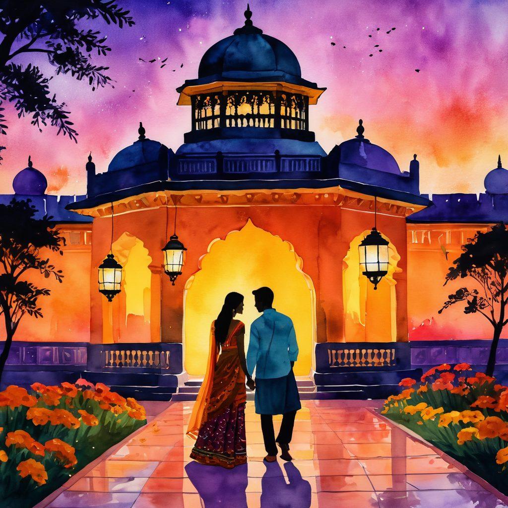 A romantic outdoor setting with vibrant marigold flowers, traditional Indian lanterns softly glowing at dusk, and a couple dressed in colorful ethnic attire sharing a tender moment. The background features a silhouette of a historic palace, adding cultural richness. Artistic touches of watercolor and detailed patterns enhance the overall enchanting atmosphere. vibrant colors. painting.
